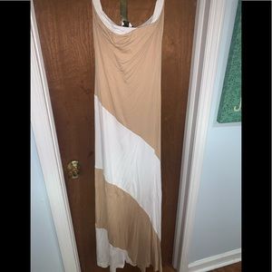 Bebe Strapless Tan and White Maxi Dress